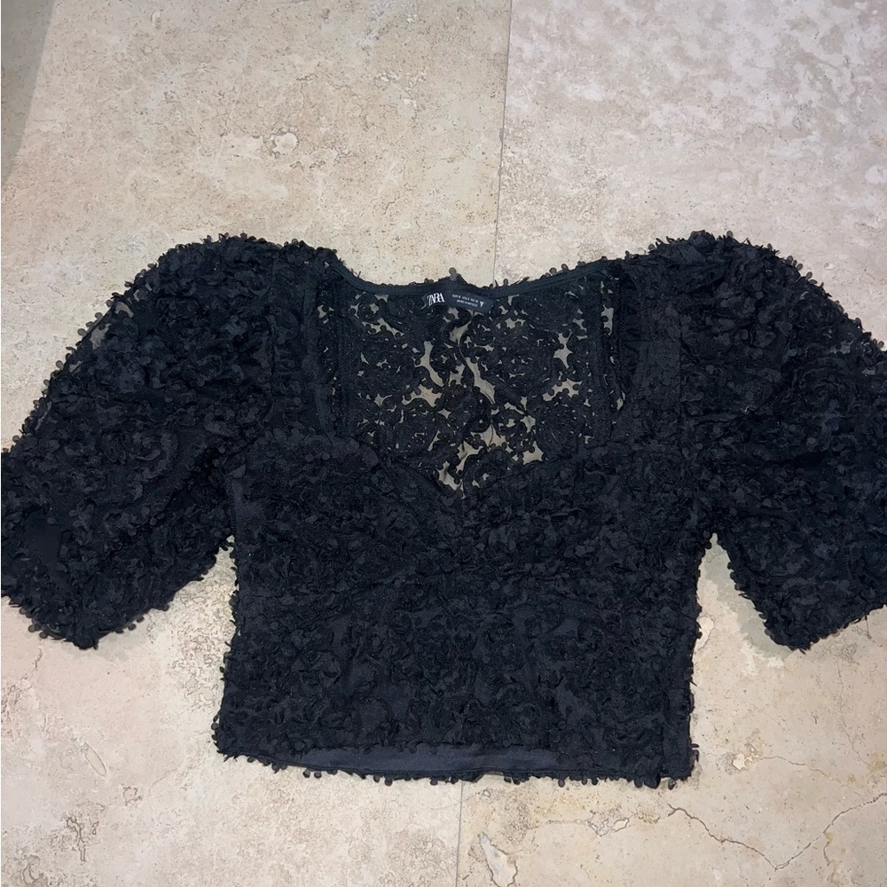 Zara Black Ruffled Crop Blouse with 3/4 Sleeves